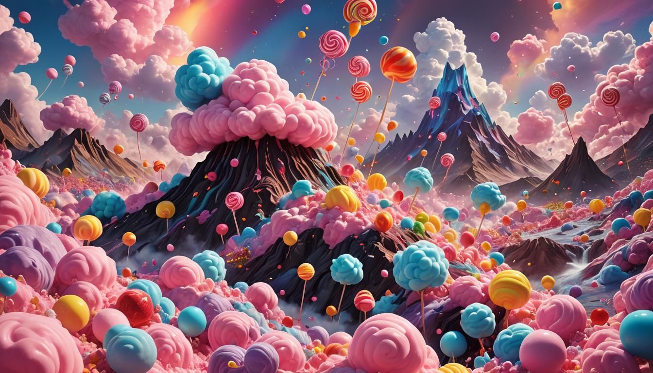 Candy Volcano Eruption in a Whimsical Landscape