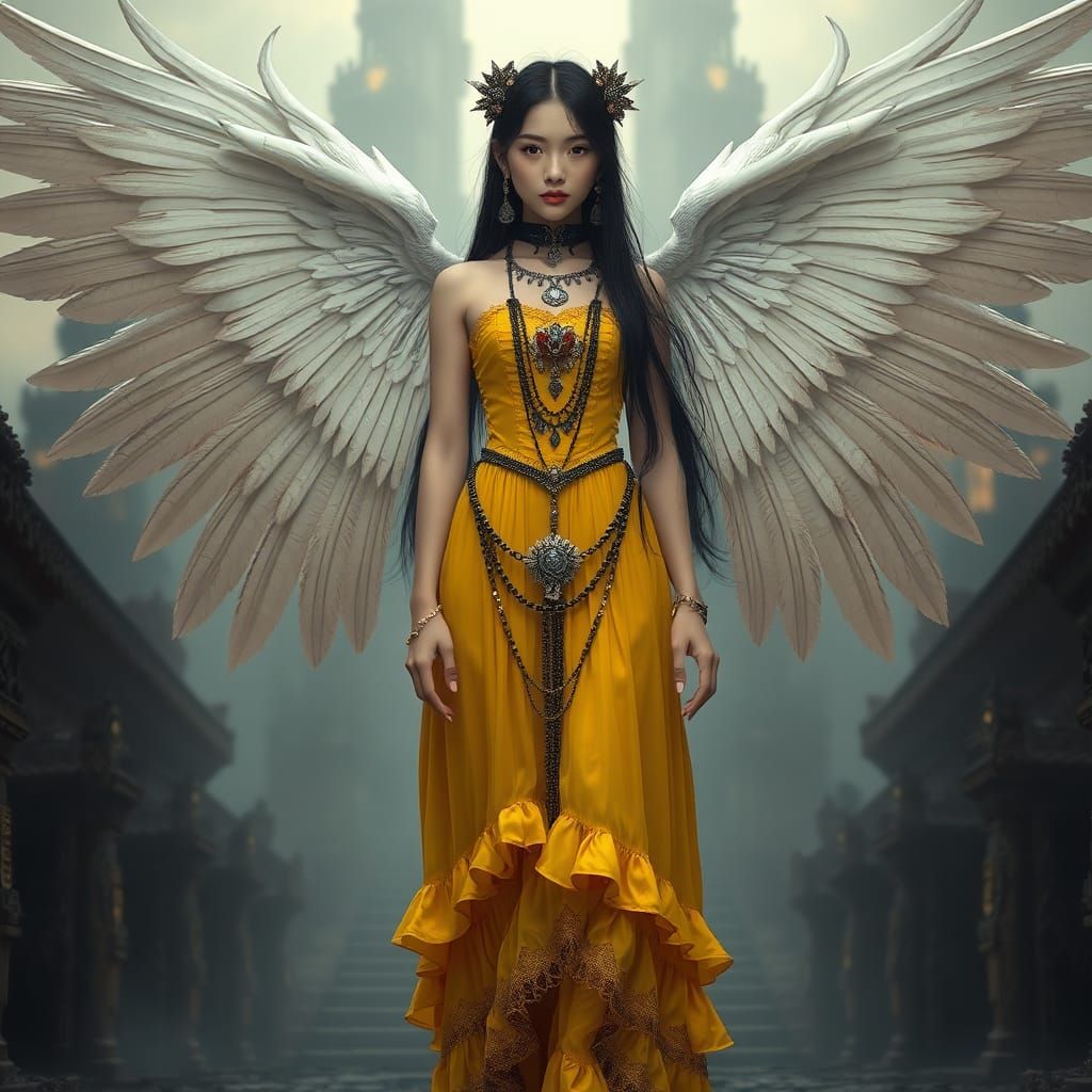 Ethereal Gothic Angel in Khmer Castle, Digital Art