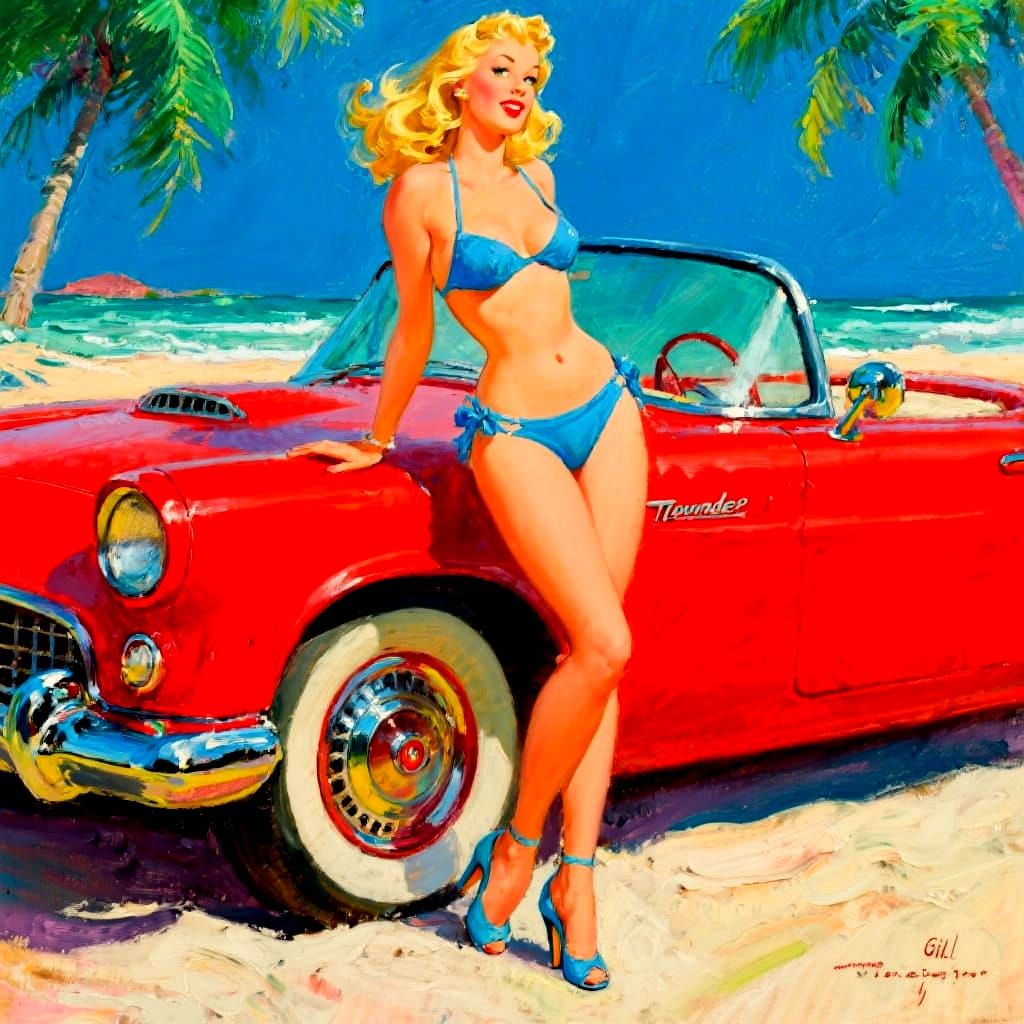 Retro Pin-Up Girl With Thunderbird, in Oil Painting Style