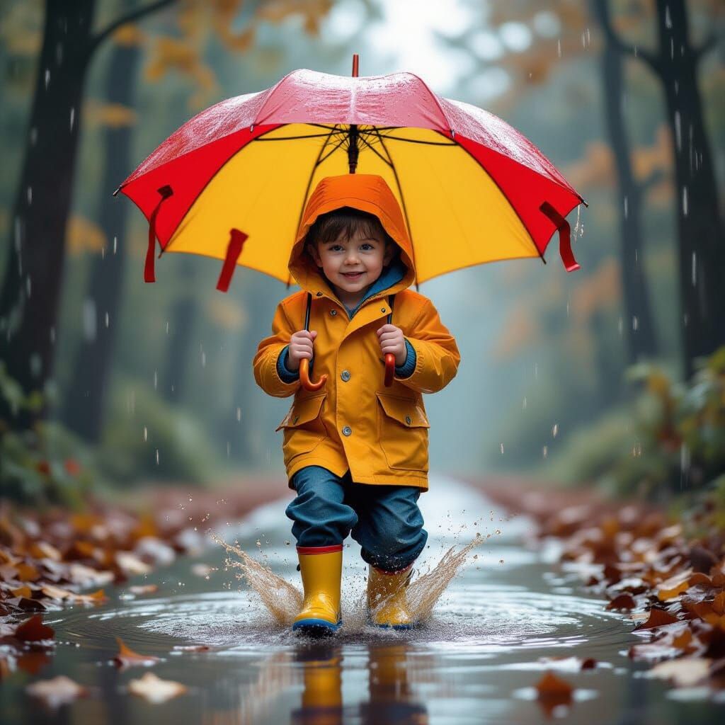 Boy Jumps in Puddle, Splashing Water in Rainy Forest