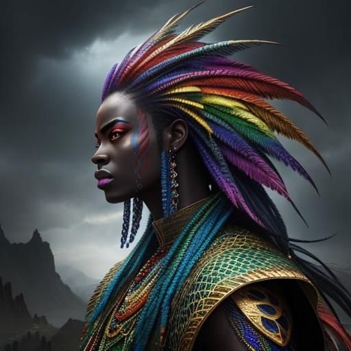 African Woman with Rainbow Dragon Scales: Digital Art