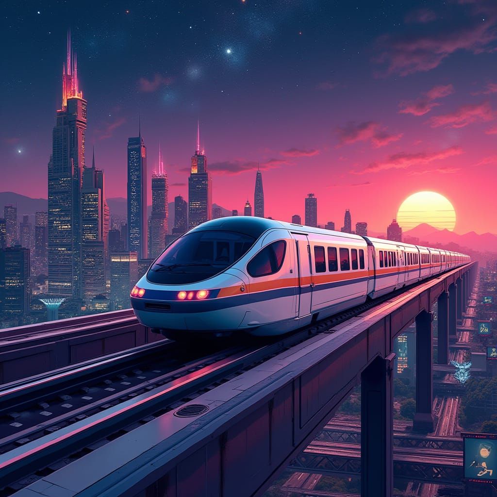 Futuristic Monorail Speeding Through a Neon Galaxy