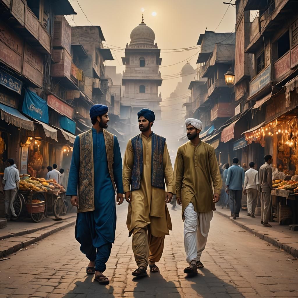 Brothers in Traditional Dress on Busy Street: Digital Painti...
