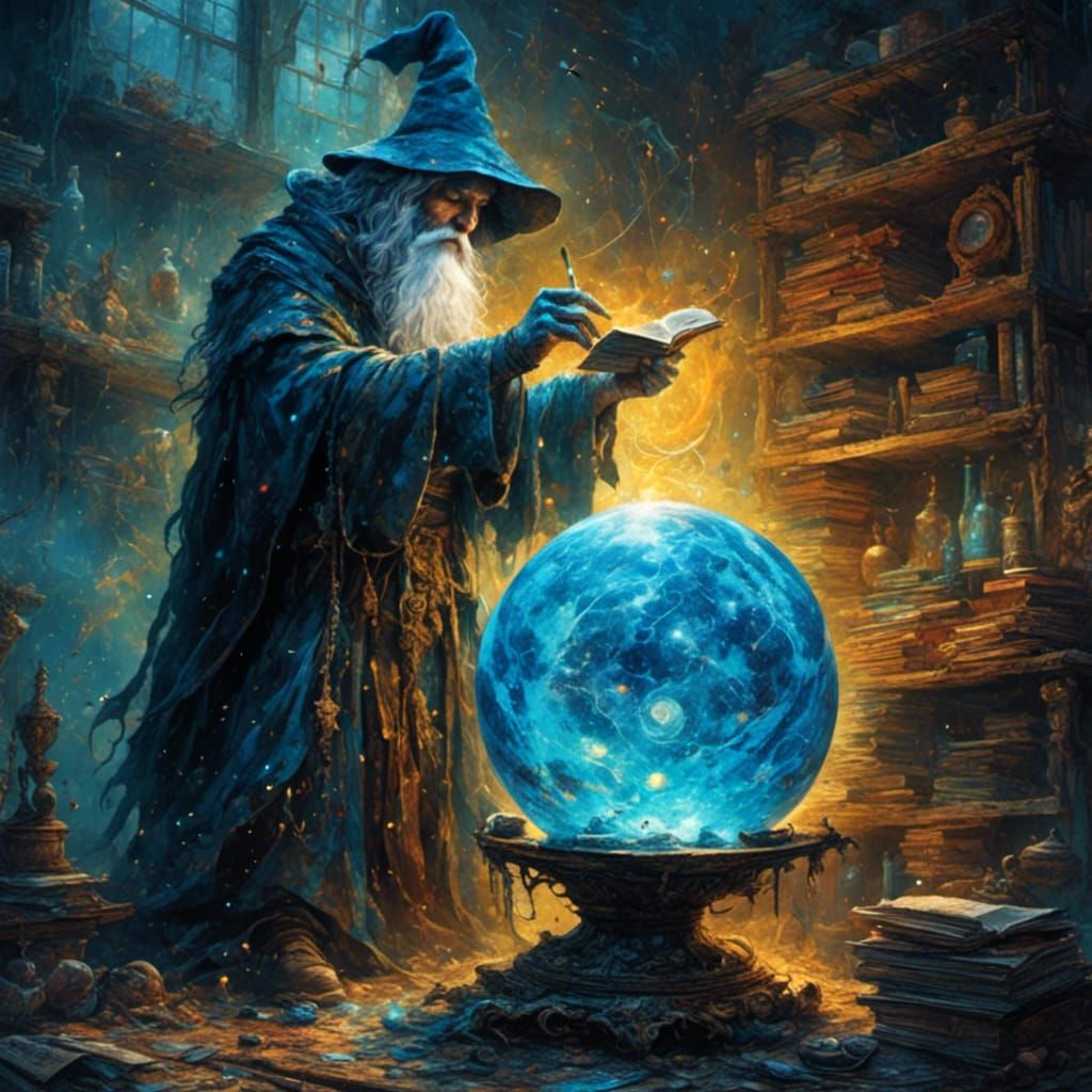Wizard Broods Behind Glowing Orb in Cyberpunk Style