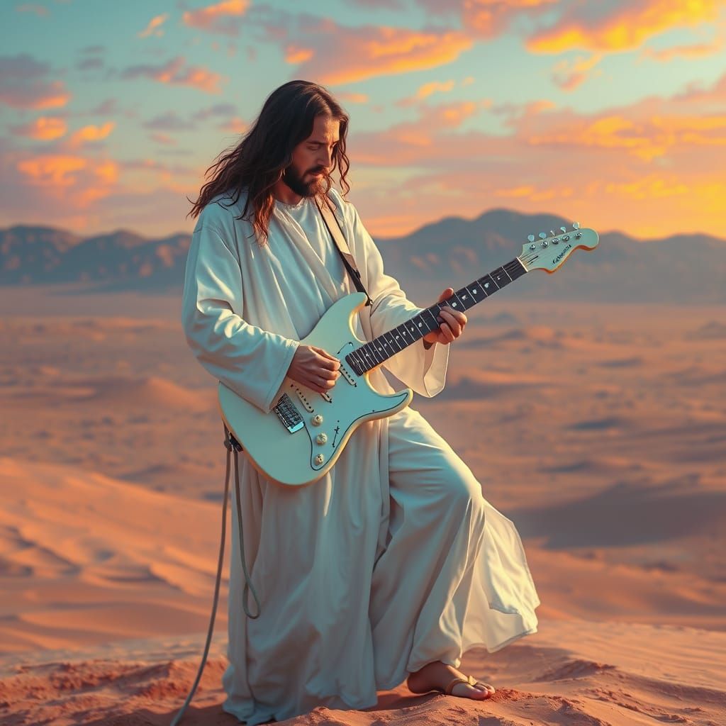 Jesus Shreds Guitar in Surreal Desert Landscape