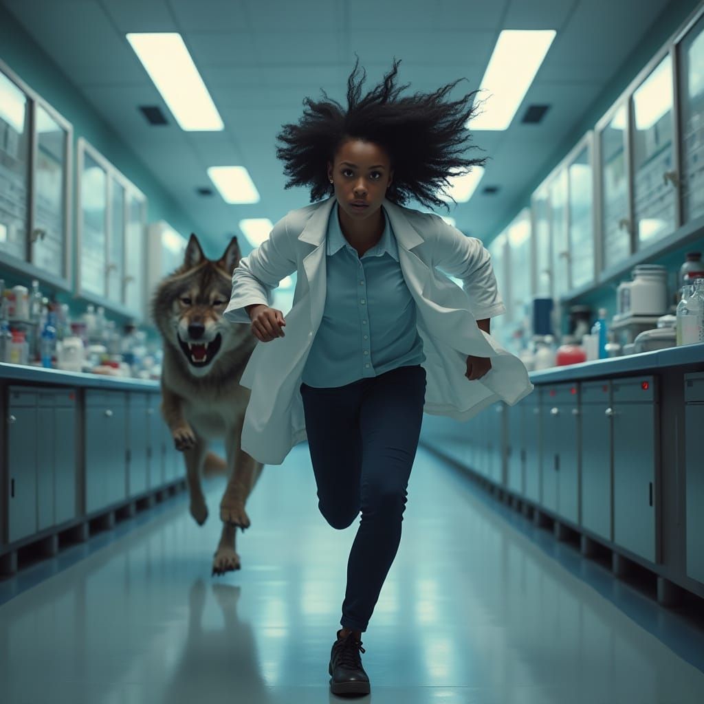 Woman in Lab Coat Pursued by Werewolf