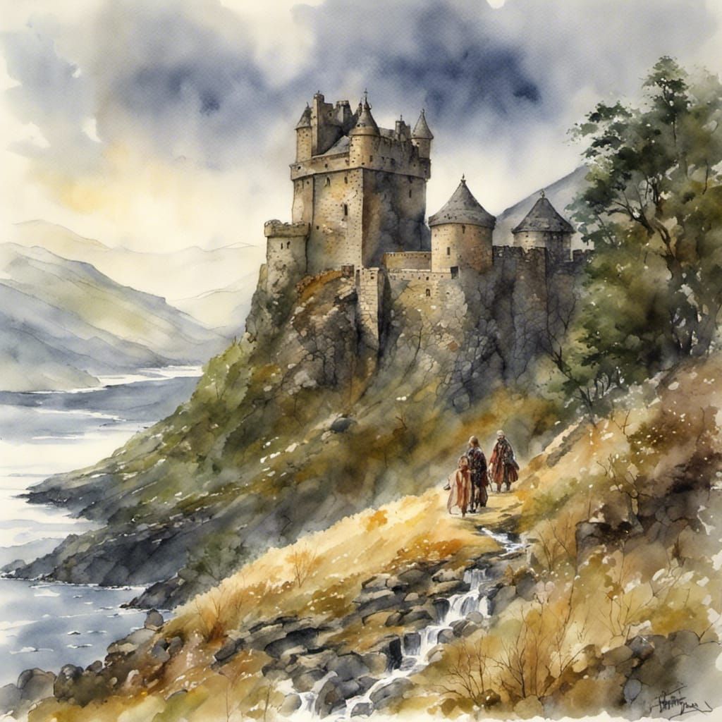 Highland Castle Adventure in Watercolor Style