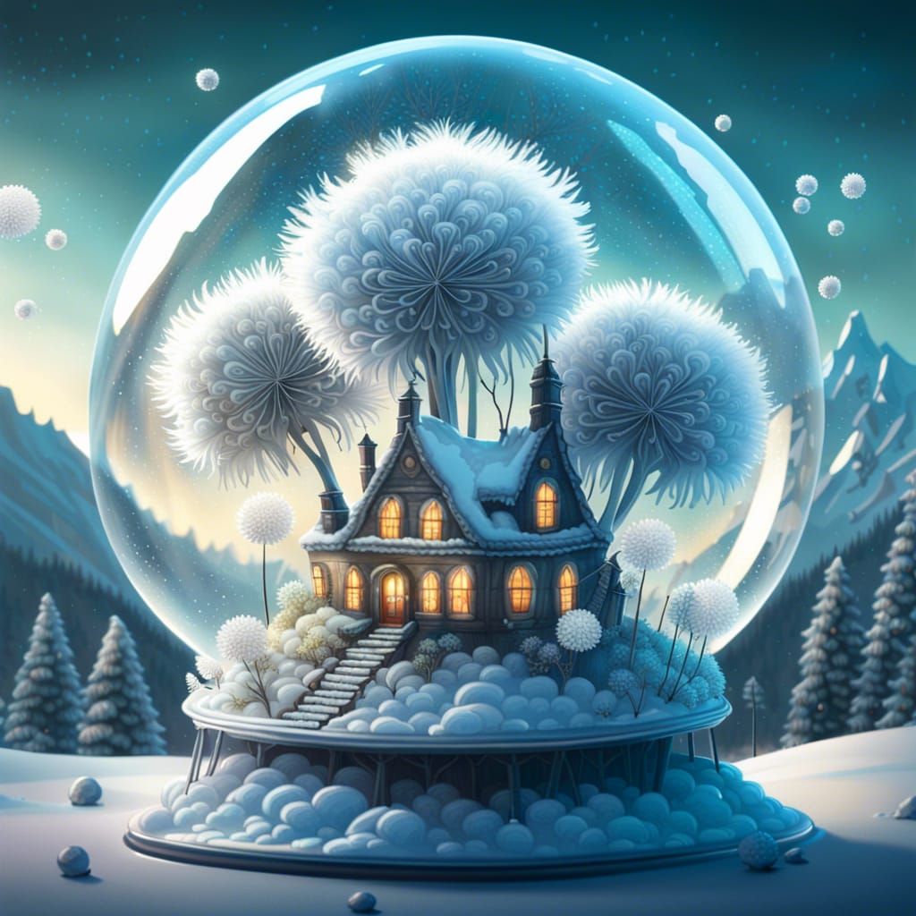 Dandelion Village Under Glass Dome: Pop Surreal Art