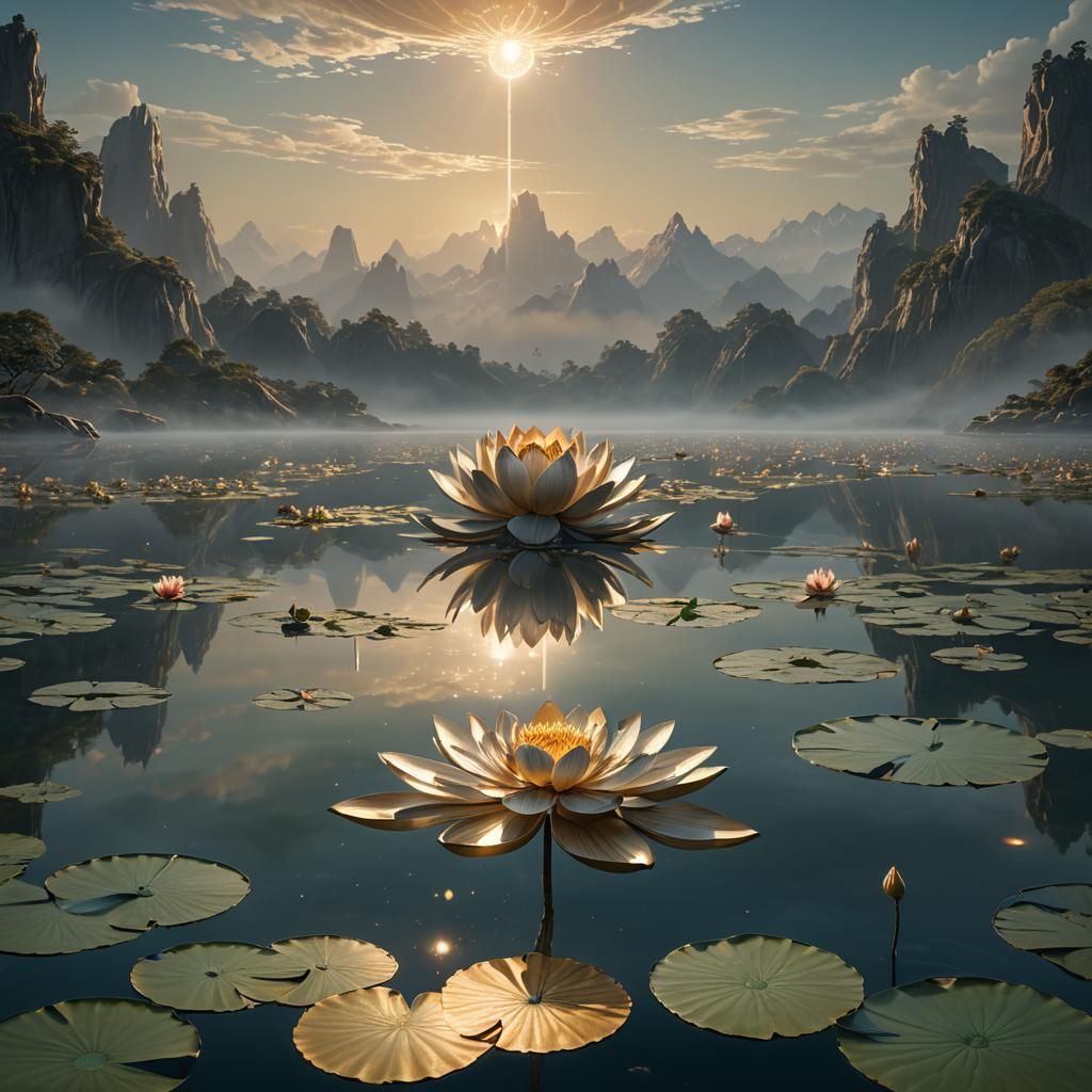 Metallic Lotus over Misty Lake: Fantasy Landscape