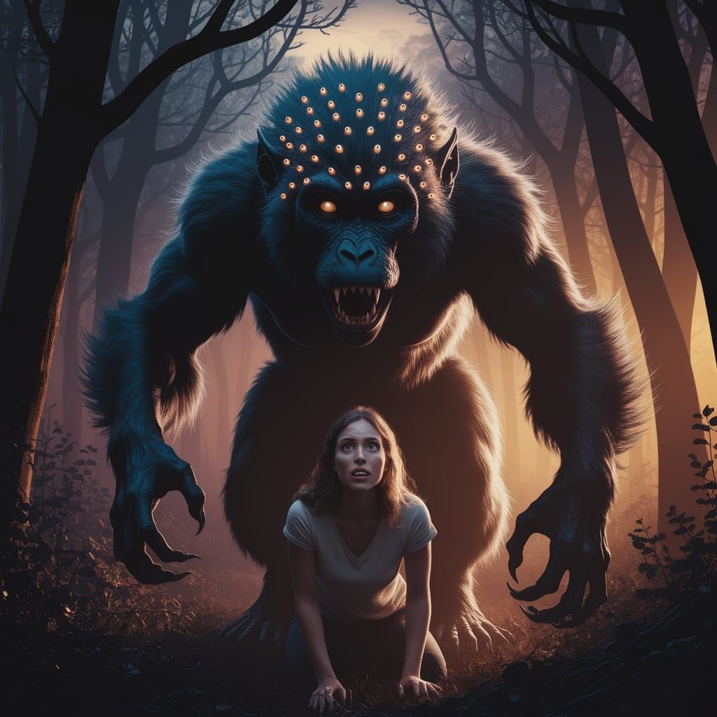 Eldritch Abomination Looms Over Terrified Woman in Dark Fore...