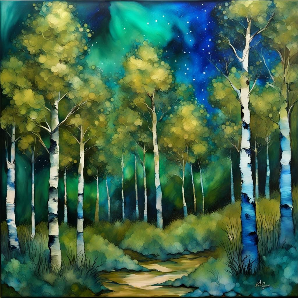 Expressionist Aspen Forest in Alcohol Ink Art