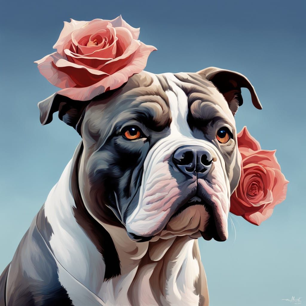 Ethereal American Bully Amidst Vibrant Floral and Flag Eleme...
