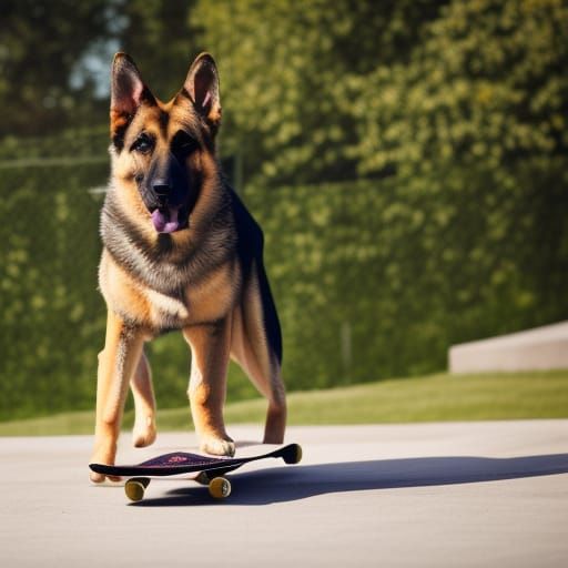 German Shepherd Dog on Skateboard, Sharp Focus