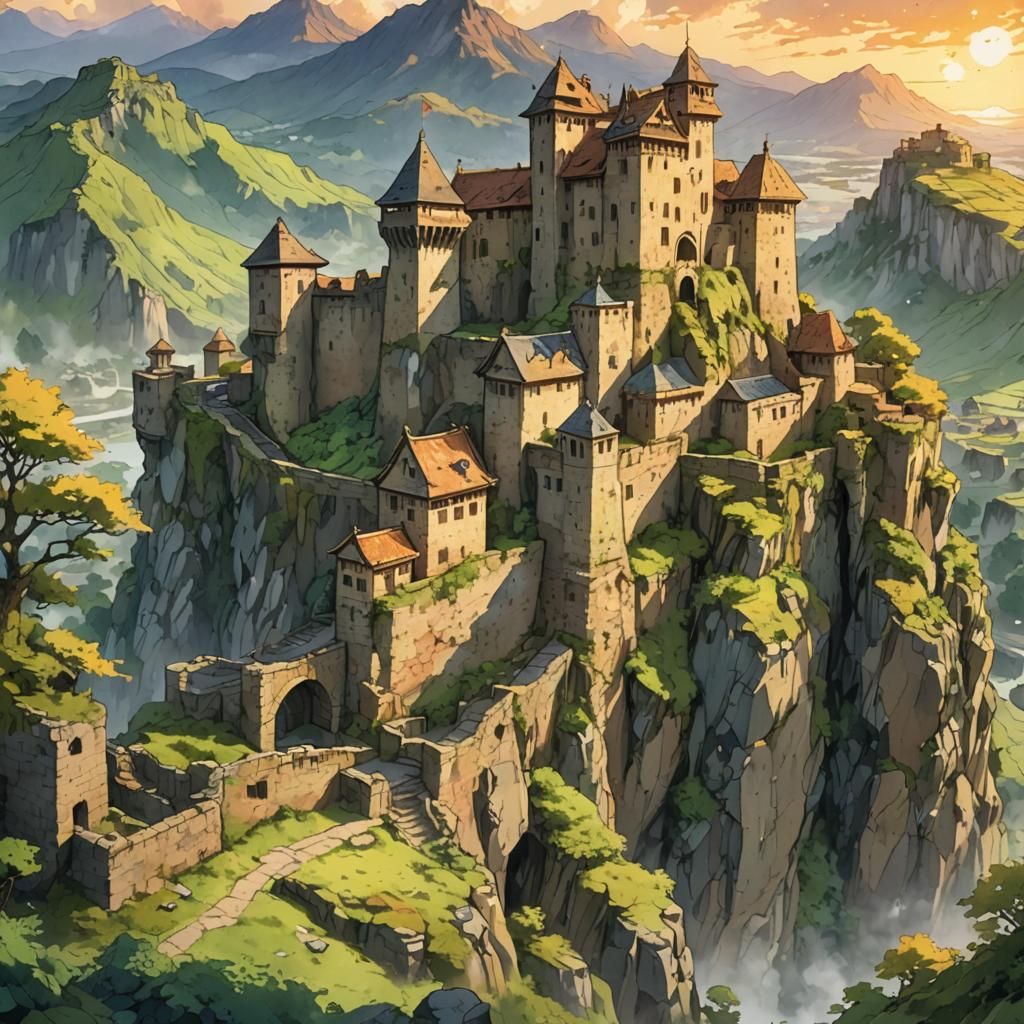 Anime Fort: Golden Light, Watercolor Style