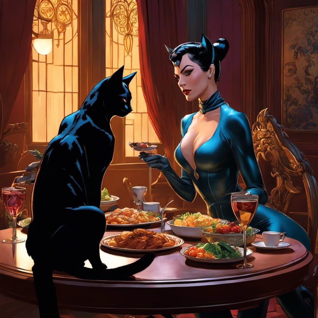 Catwoman and Cat Home Dinner, Hyperdetailed Portrait