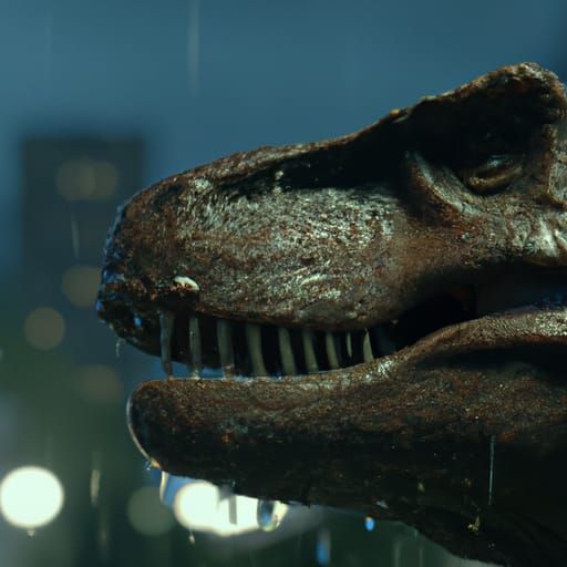 Photorealistic T-Rex Profile in Rainy Jurassic Scene