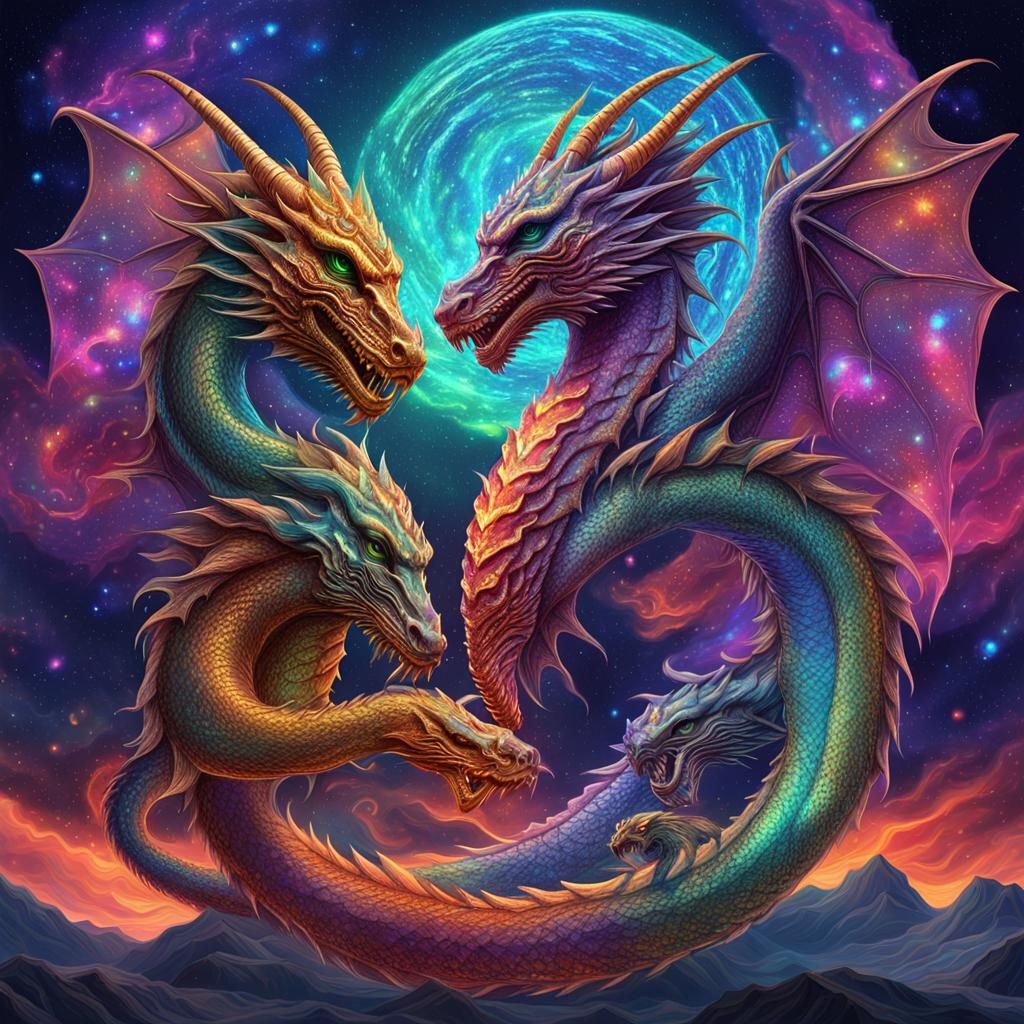 Three-Headed Dragon in Holographic Astral Style