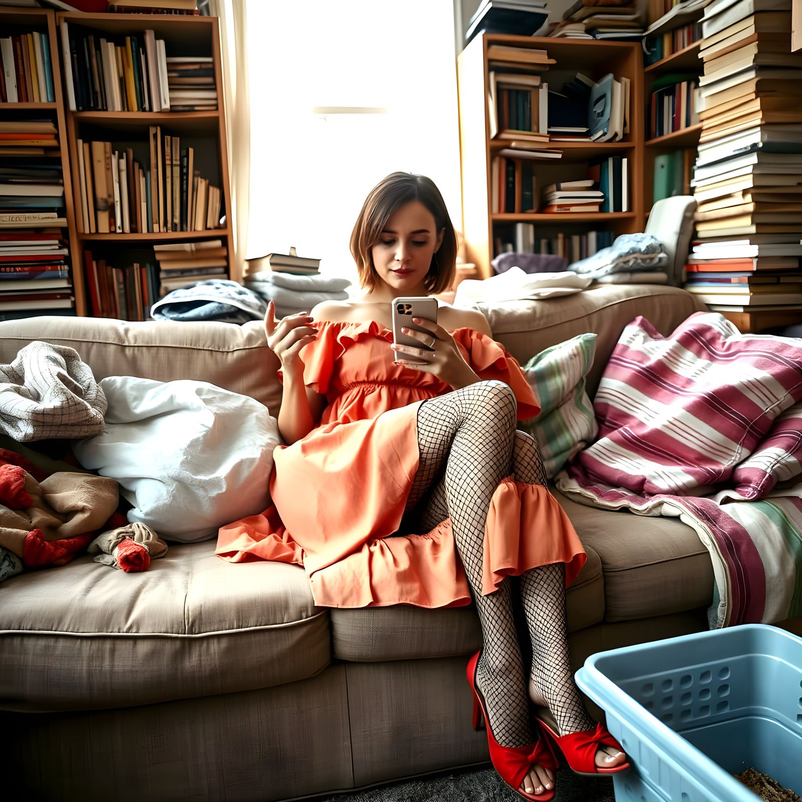Woman in Coral-Pink Dress Relaxing on a Cluttered Couch