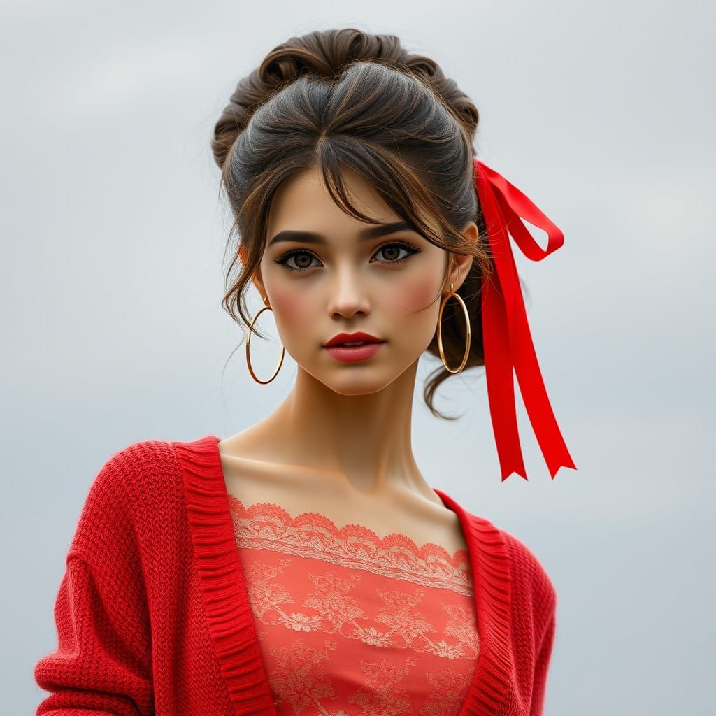 Romantic Fantasy Princess in Coral Lace Dress with Red Cardi...