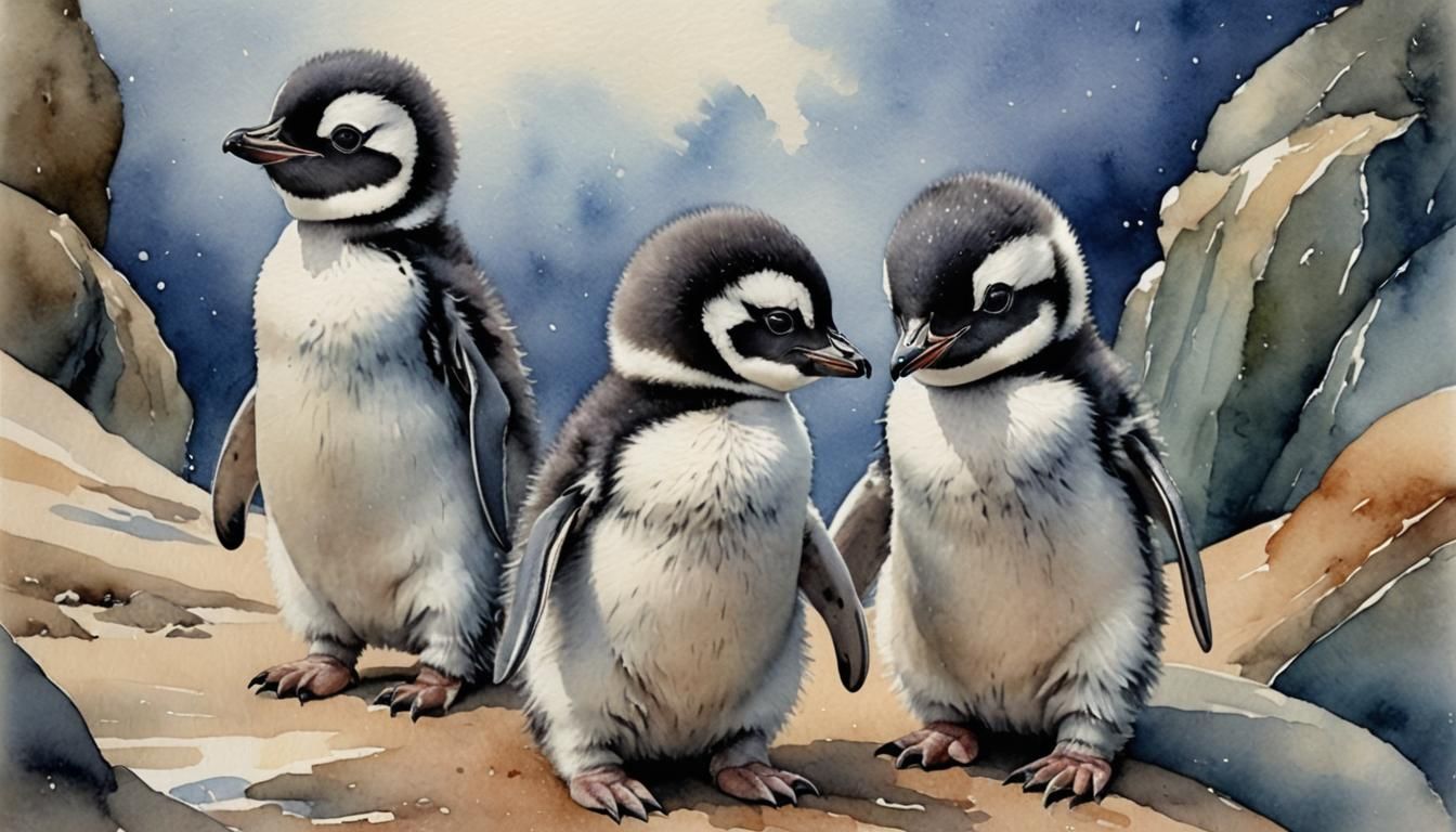 Hyperrealistic Baby Penguin in Vintage Watercolor Style