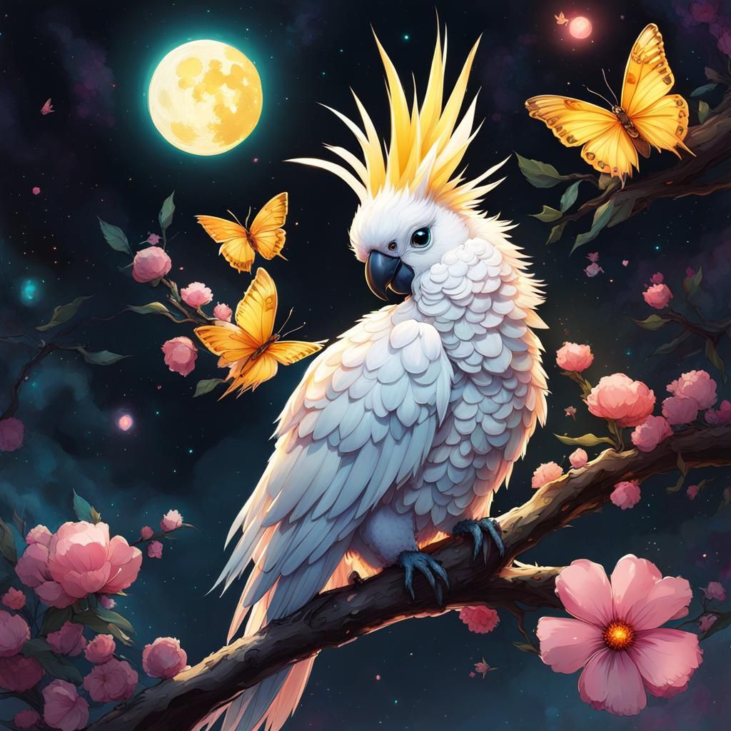 Constellation Cockatoo on Branch with Bioluminescent Flowers