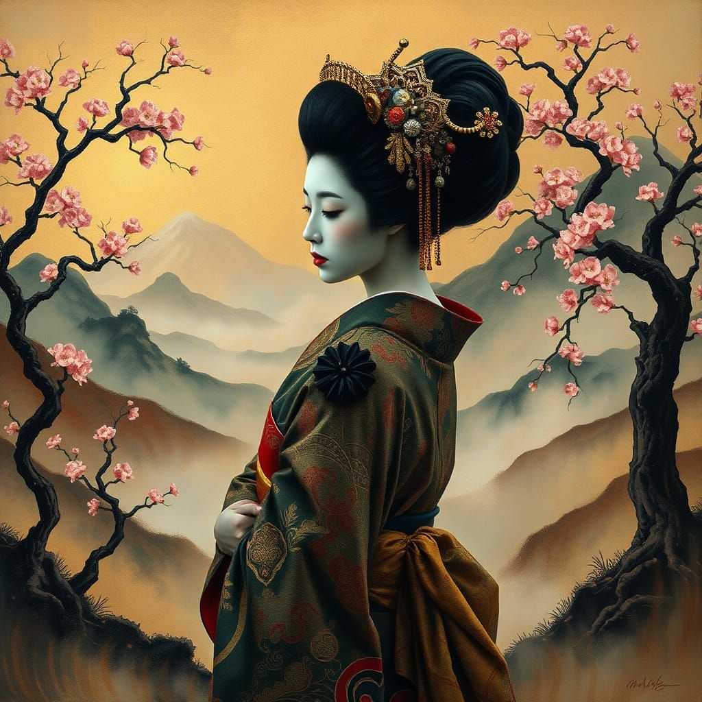 Geisha in Surreal Japanese Dreamscape Painting