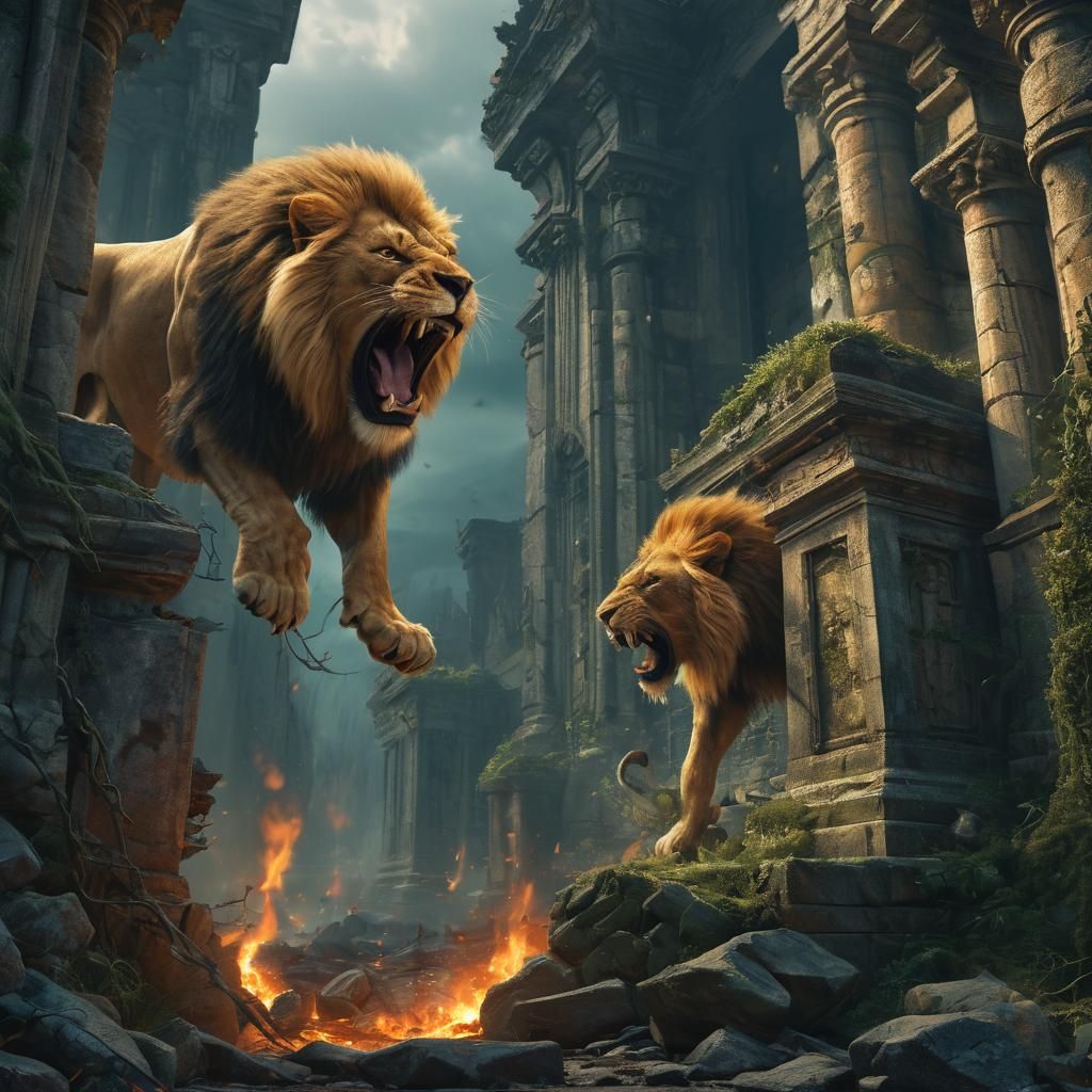 Ferocious Lion in War-Torn Landscape, Fantasy Art