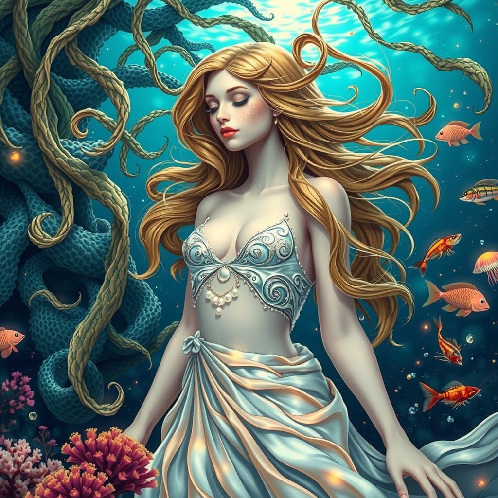 Surreal Oceanic Goddess with Kelp Forests and Bioluminescent...