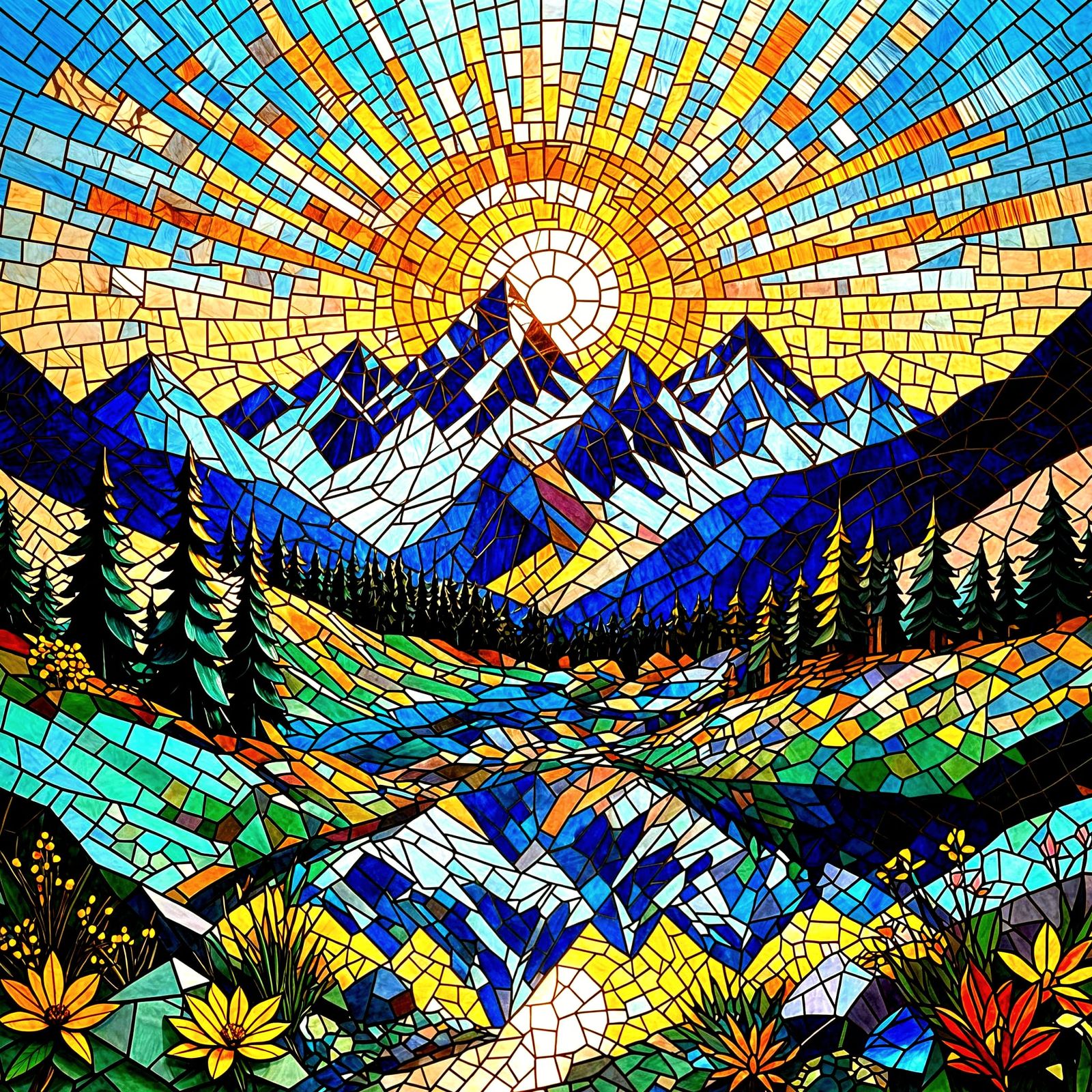 Jewel-Like Swiss Alps Mosaic Artwork at Dawn