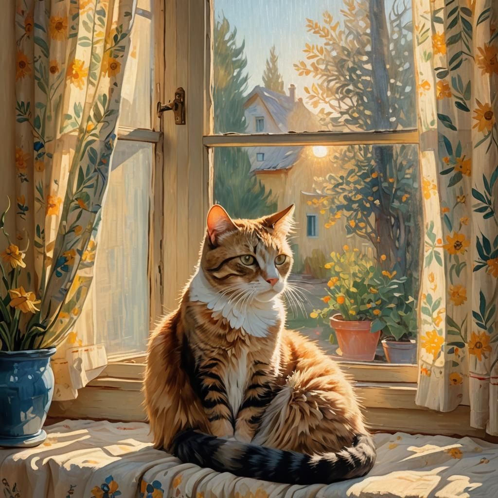 Cat in Cottage Window: Impressionist Painting