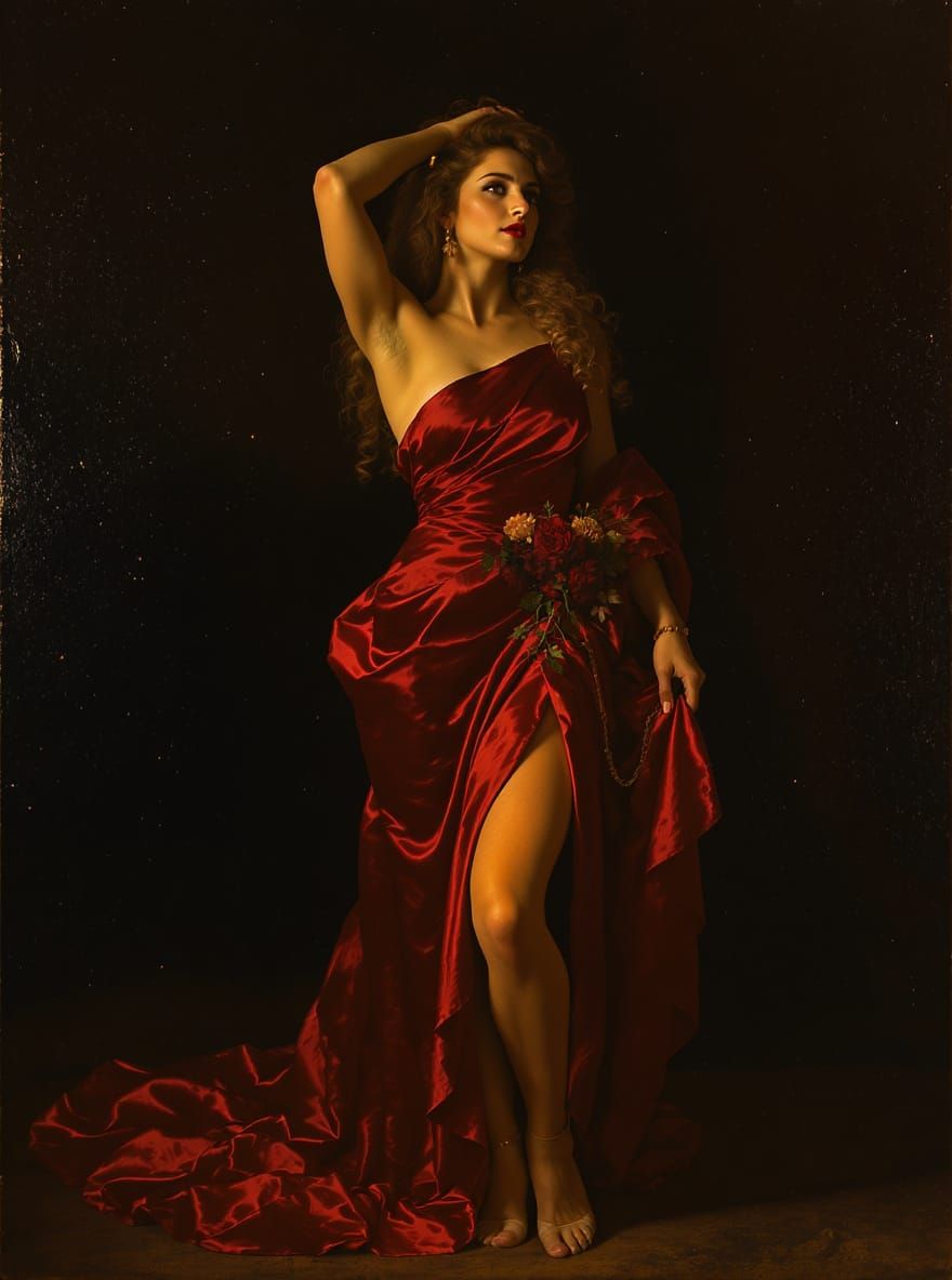Old Master Style Portrait of Woman in Crimson Gown