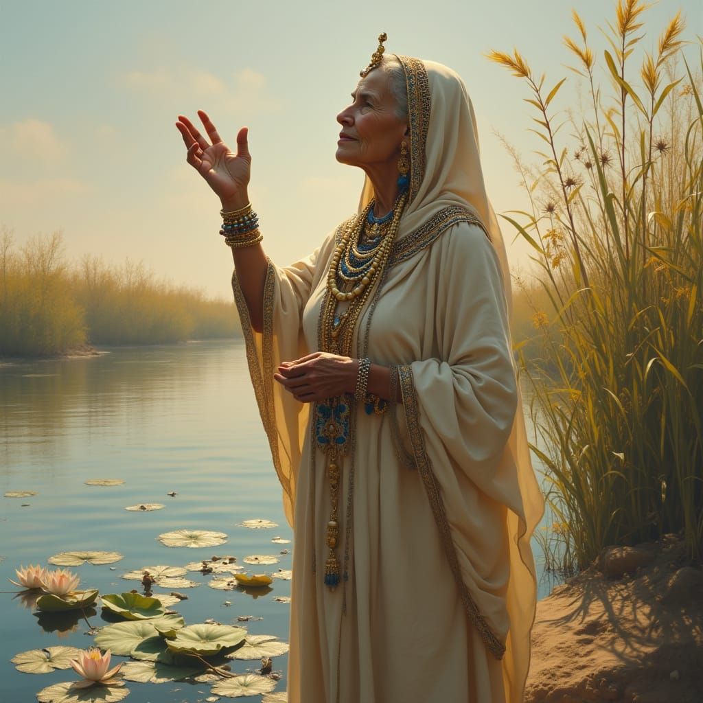 Egyptian Woman's Nile Ritual, Impressionist Style