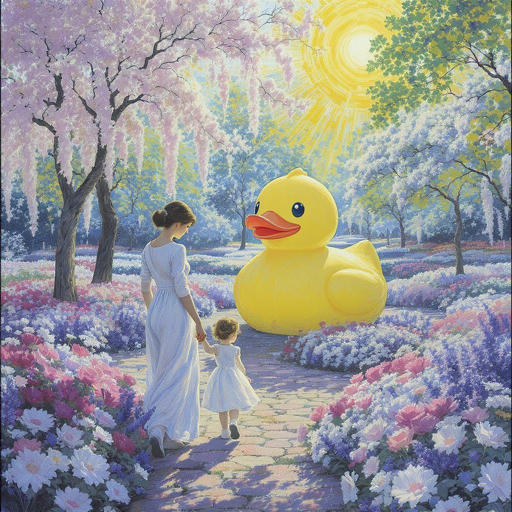 Impressionist Mother and Daughter in Flower Garden