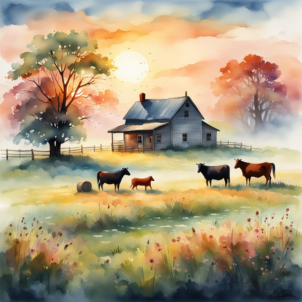 Whimsical Amish Sunset in Watercolor Style