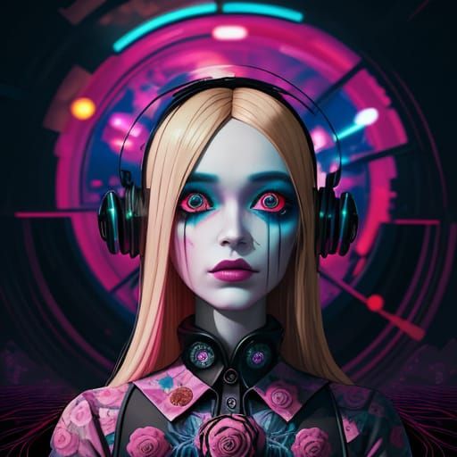 Surreal Woman in Distorted Neon Landscape