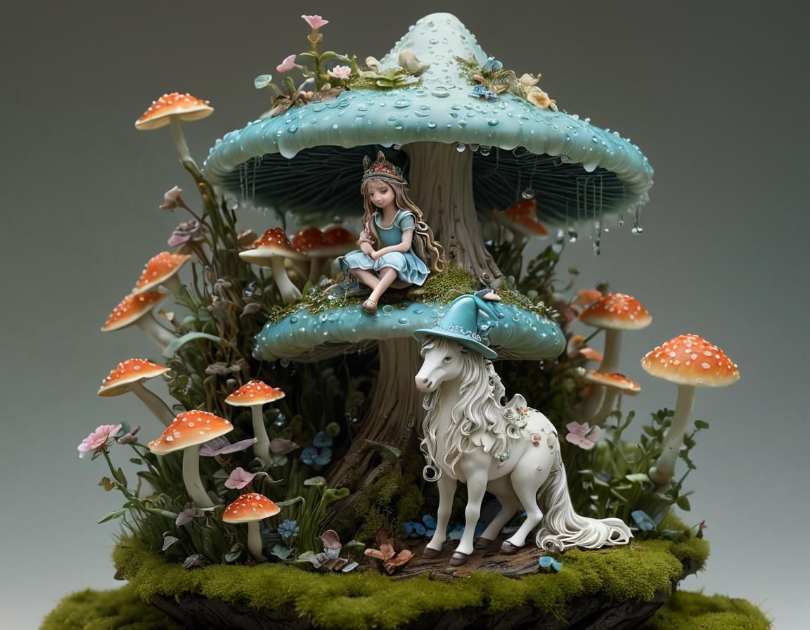 Fairy on Dewdrop with Mushroom Hat