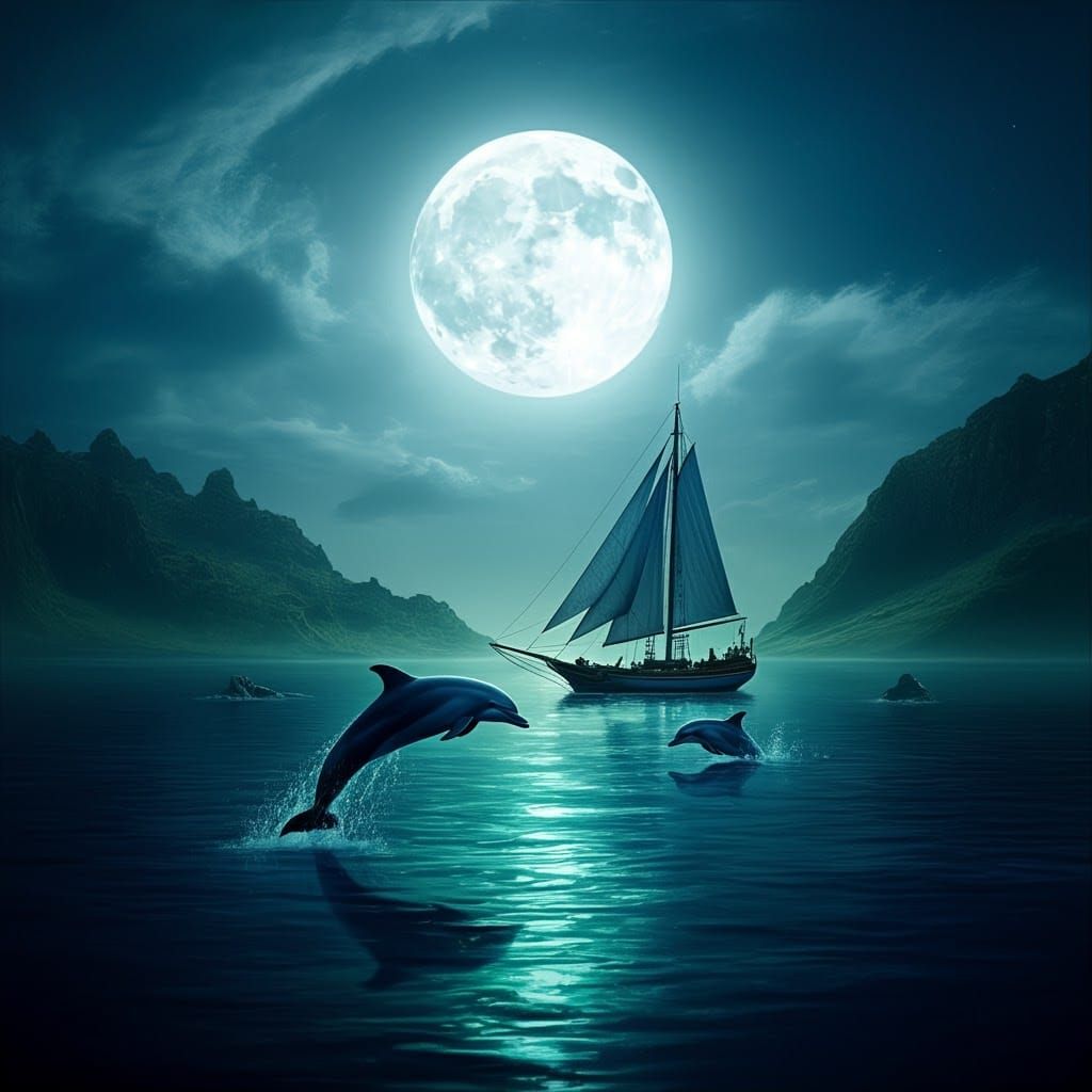 Sailboat and Dolphins Under a Radiant Full Moon