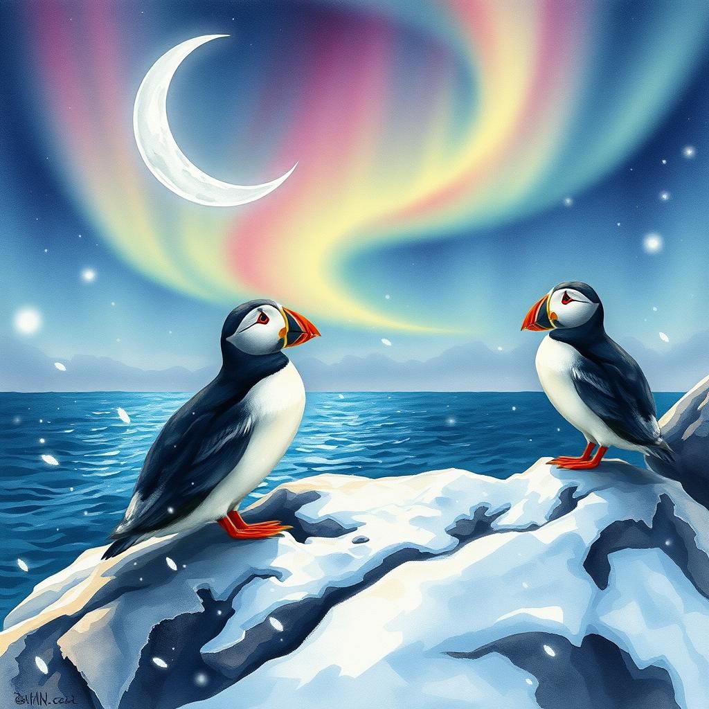 Puffins at Bird Rock: Surreal Digital Watercolor