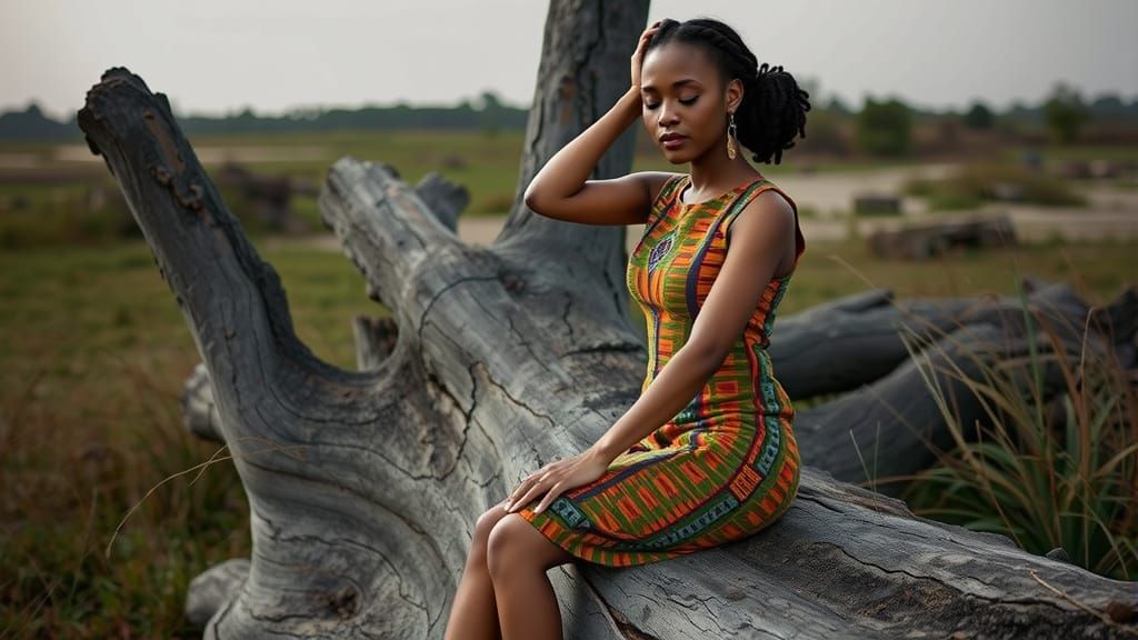Peaceful African American Woman in Kente Dress on Tree Trunk