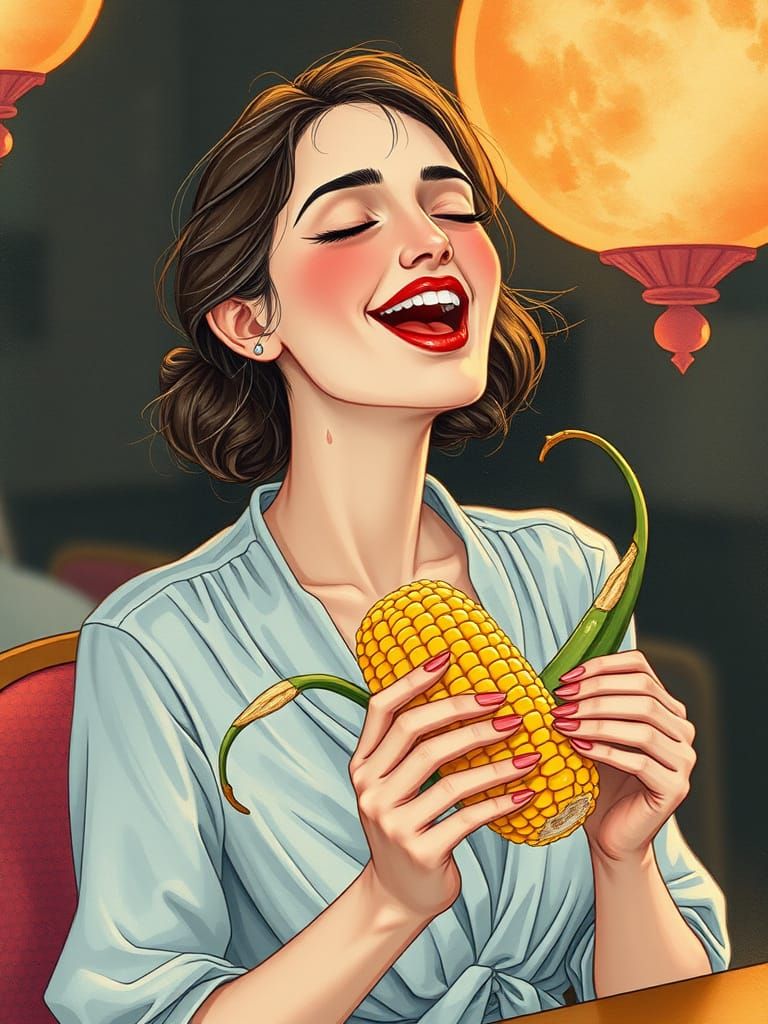 Lady Enjoying Whimsical, Neon-Lit Snack Time