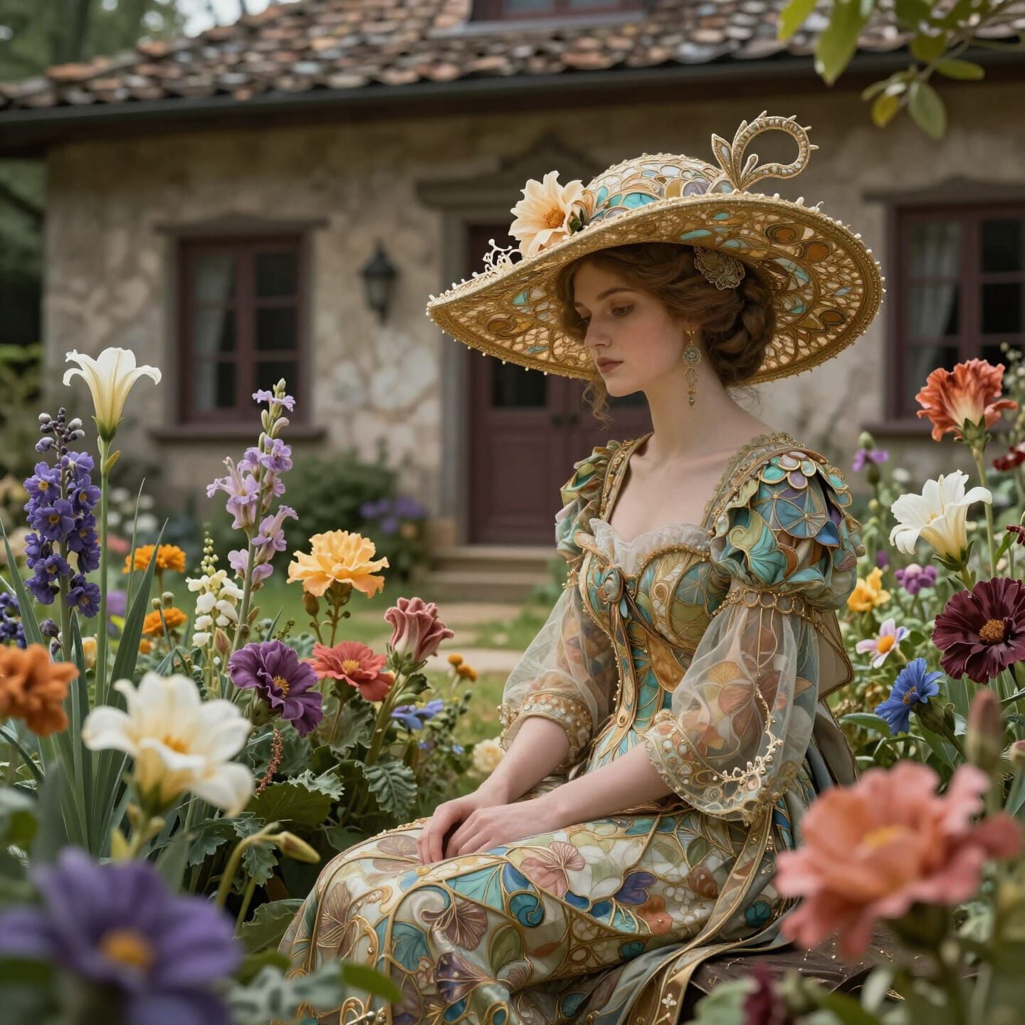 Serene Lady in Magical Courtyard with Blooming Flowers