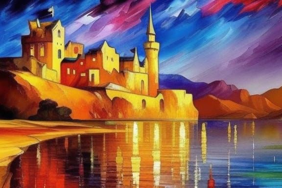 Island Castle in Watercolor with Triadic Colors