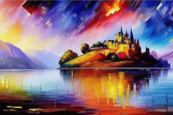Island Castle in Watercolor with Bright Colors