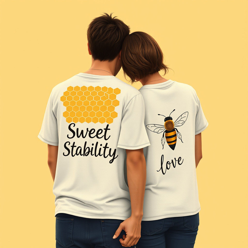 Couple Embracing in Honeycomb and Bee T-Shirts