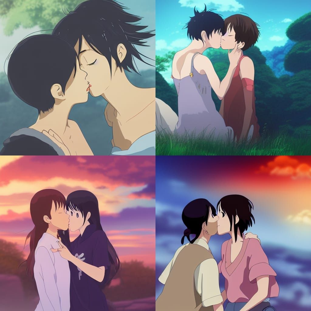 Romantic Lesbian Kiss in Studio Ghibli Anime Style