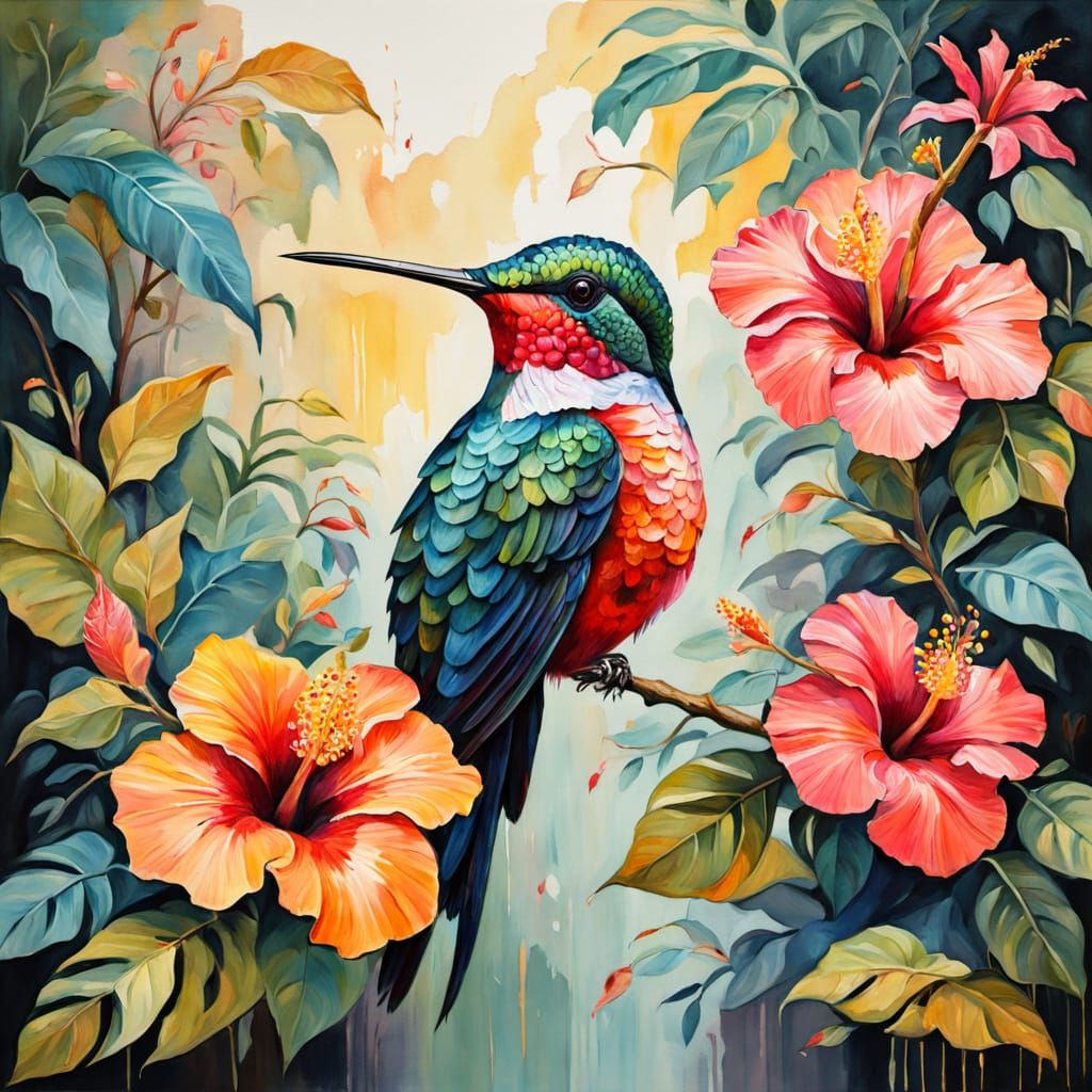 Hummingbird and Hibiscus: A Gouache-Style Wonderland
