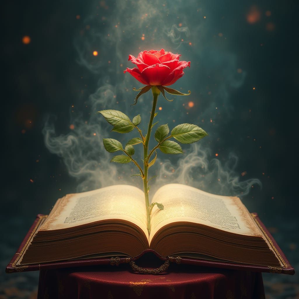 Enchanted Leather-Bound Book with Blooming Rose