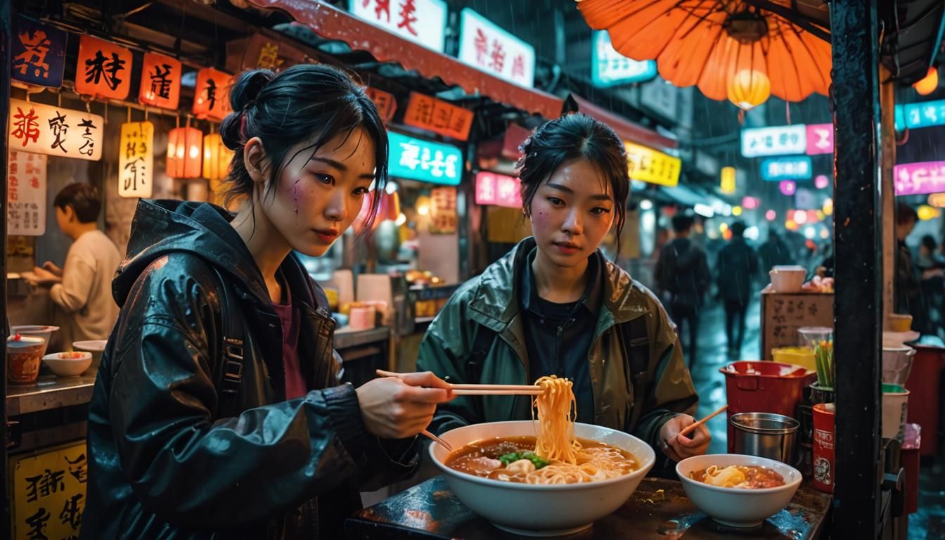 Cyberpunk Ramen: Woman at Neon City Kiosk