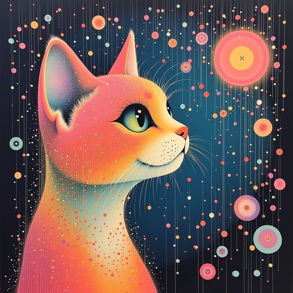 Whimsical Feline Tapestry Masterpiece in Vibrant Textiles