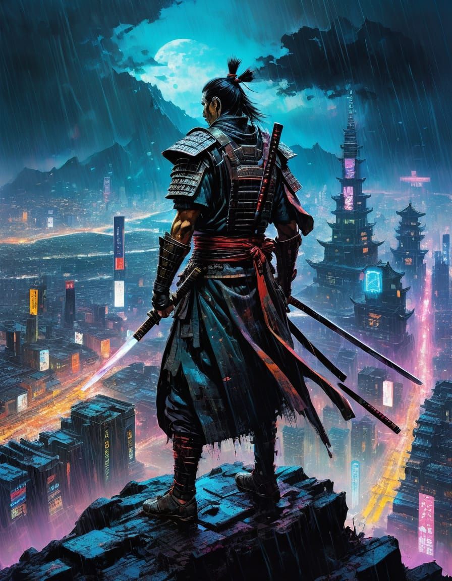Samurai Over Cyberpunk City in Abstract Style